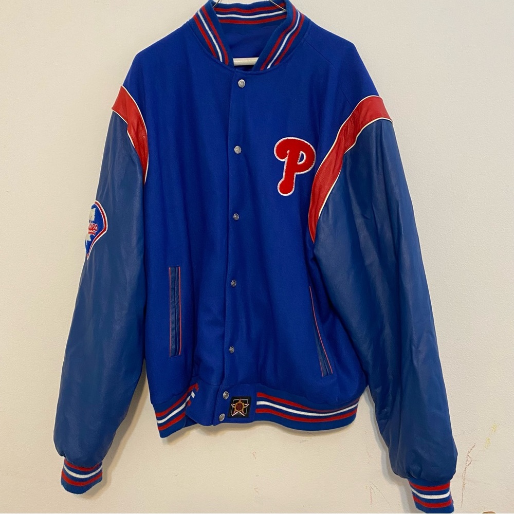 VTG JG Designs Phillies Reversible Leather Letterman Varsity Jacket XL